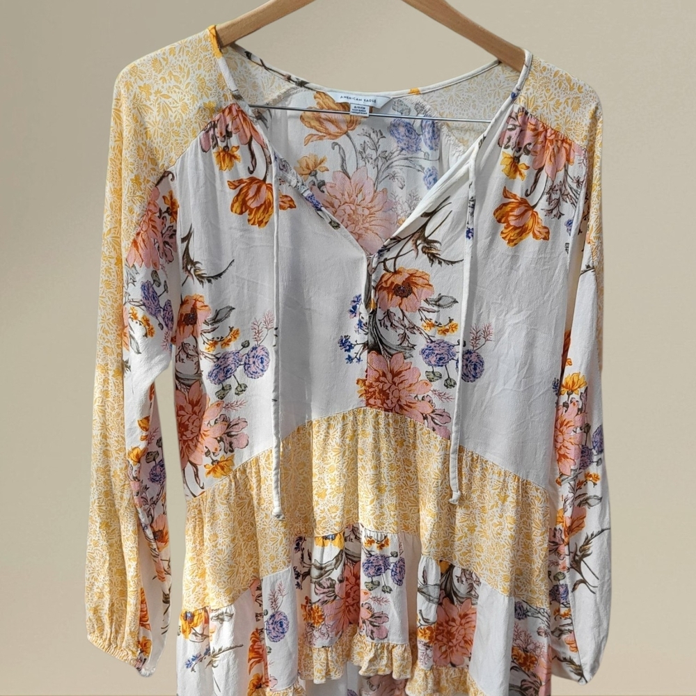American Eagle Outfitters Floral Patchwork Peasant Blouse - Yellow, White & Pink